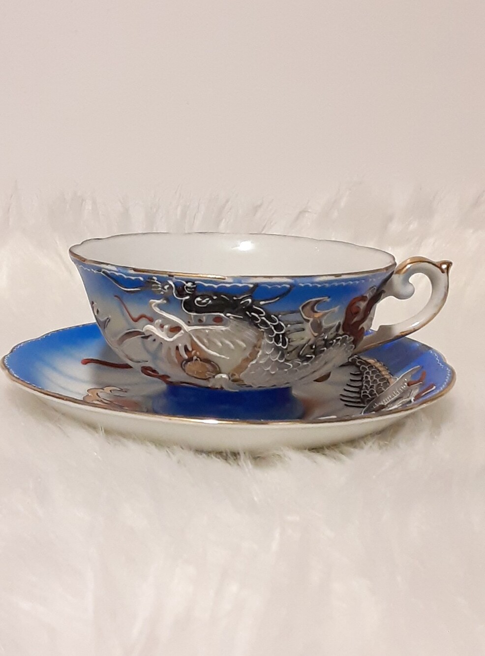Vintage Dragon Teacup & Saucer Fine Bone China Hand Painted Blue Japan